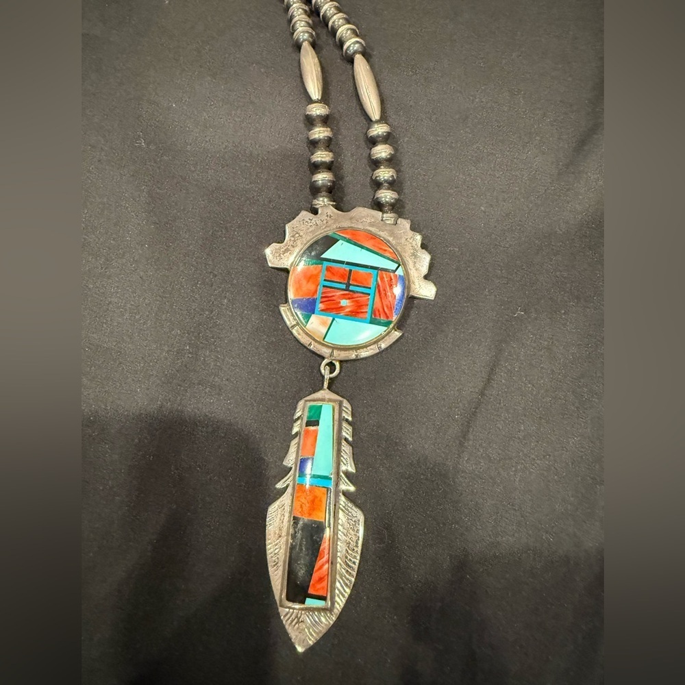 Vintage Sterling Silver Frank YellowHorse Pendant Beaded Chain Navajo Inlay - Picture 12 of 12